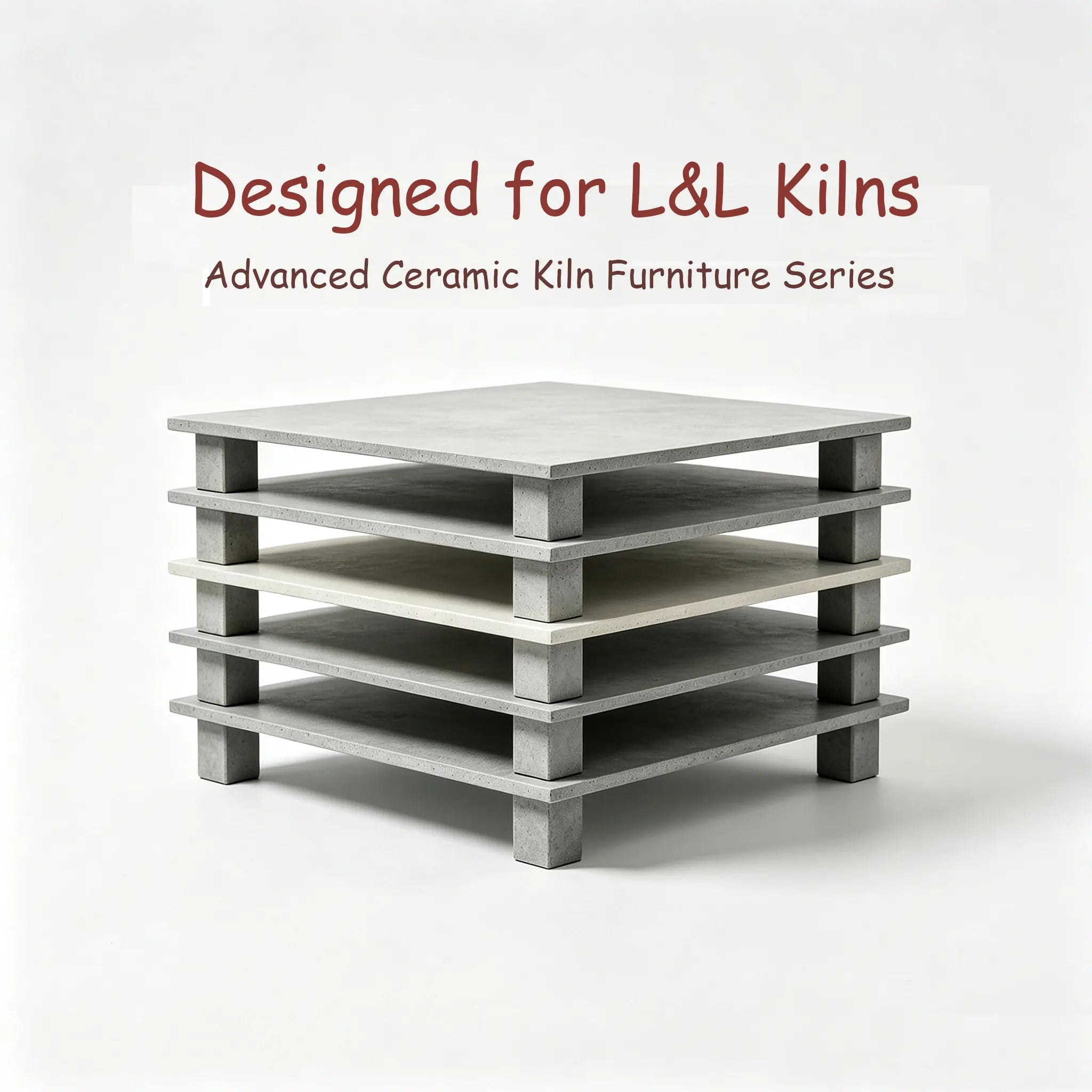 High-performance ceramic kiln furniture kit designed for L&L kilns, featuring heat-resistant shelves, support posts, and accessories to optimize kiln space and improve firing results.