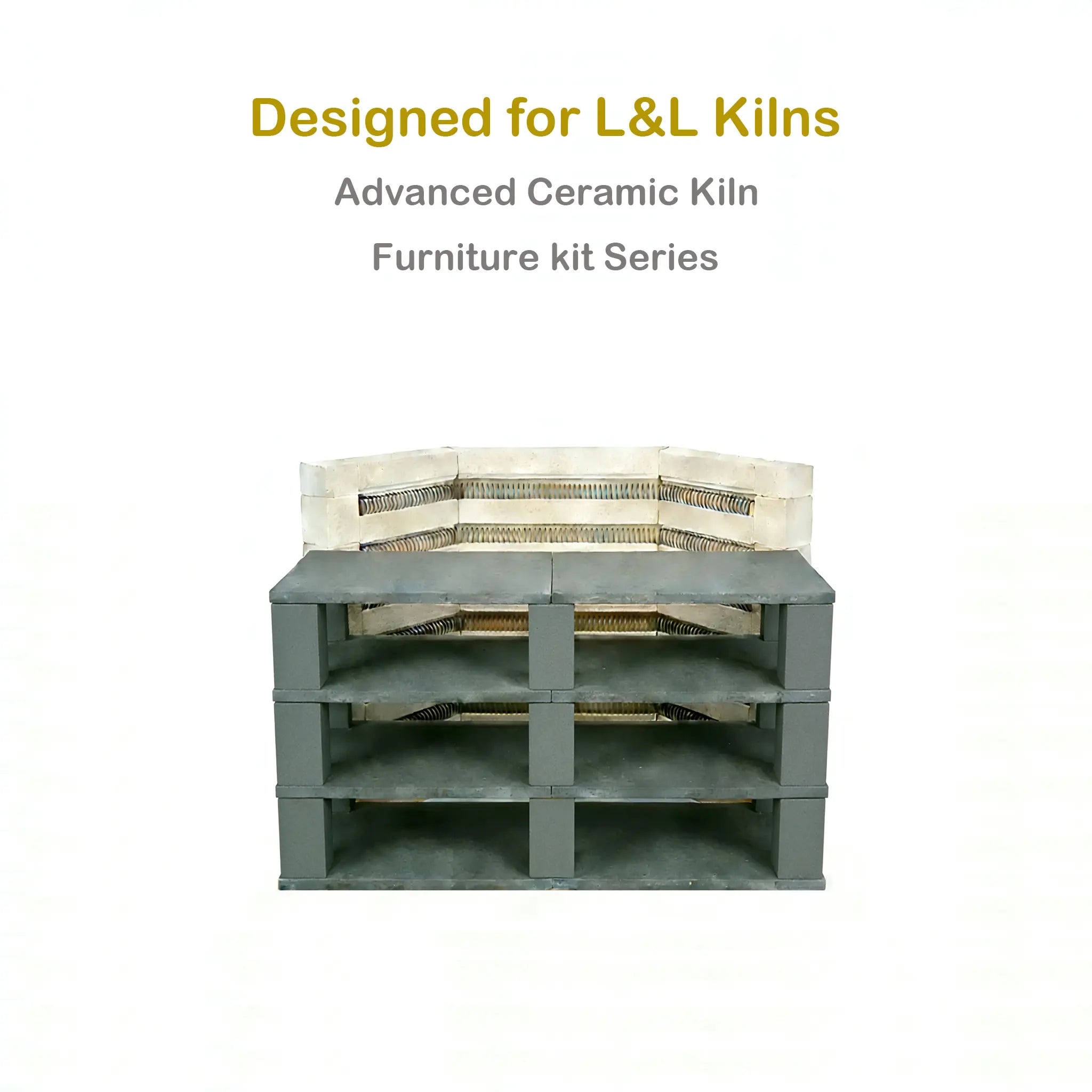 High-performance ceramic kiln furniture kit designed for L&L kilns, featuring heat-resistant shelves, support posts, and accessories to optimize kiln space and improve firing results.