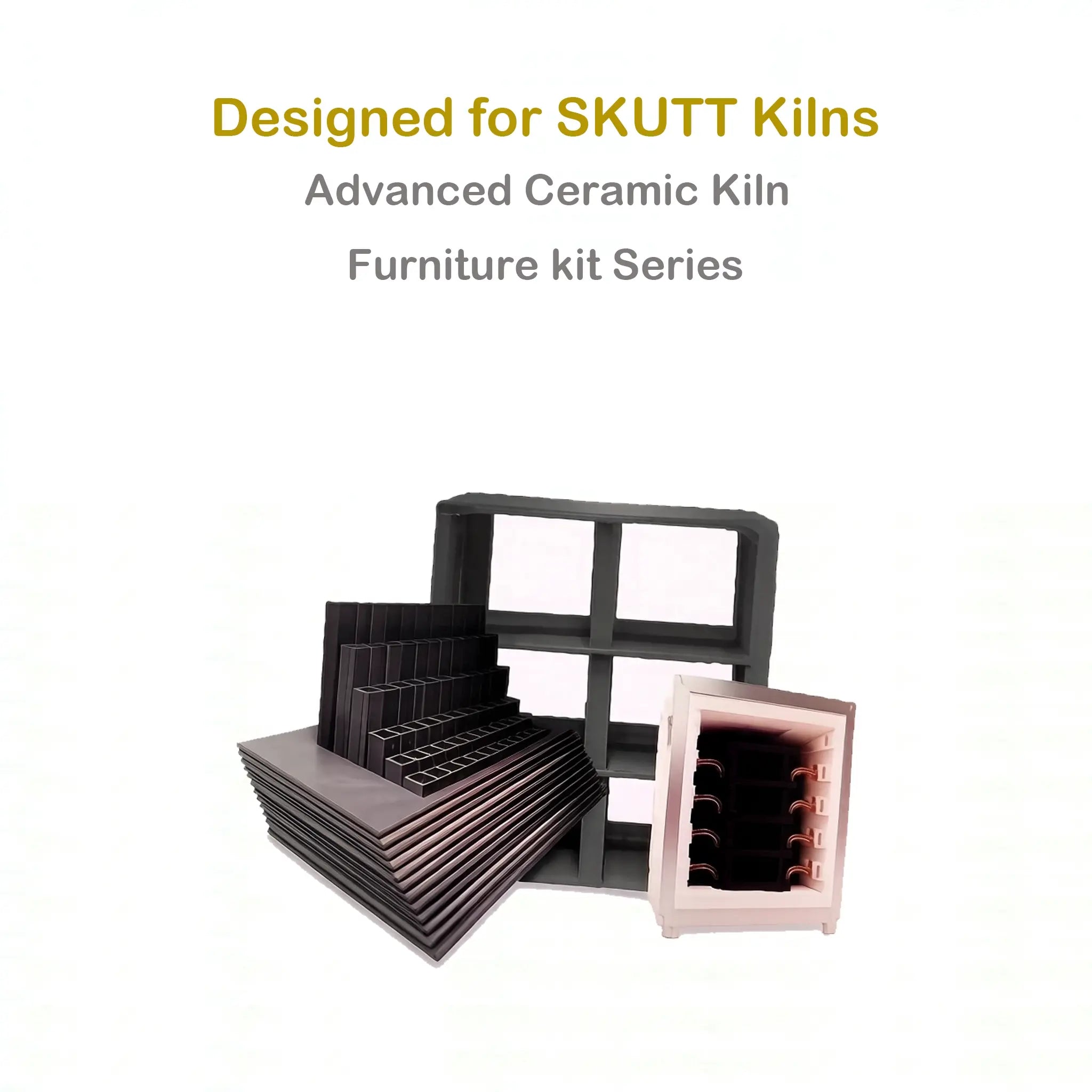 Premium ceramic kiln furniture kit designed specifically for SKUTT kilns, including high-temperature shelves, posts, and accessories to enhance firing efficiency and ceramic quality.