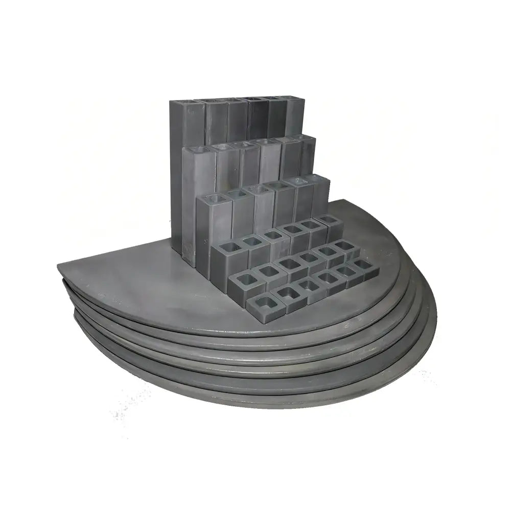 A neatly arranged 42-piece L&L e28S-3 Easy-Fire kiln accessory set, including kiln posts and shelves, designed for organized stack-firing in ceramic and pottery kilns.