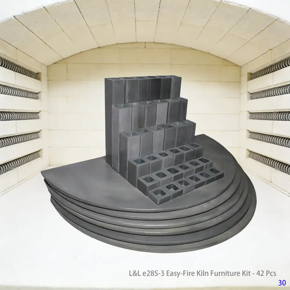 A 42-piece L&L e28S-3 Easy-Fire kiln accessory set arranged neatly, designed for efficient stack-firing in ceramic and pottery kilns.
