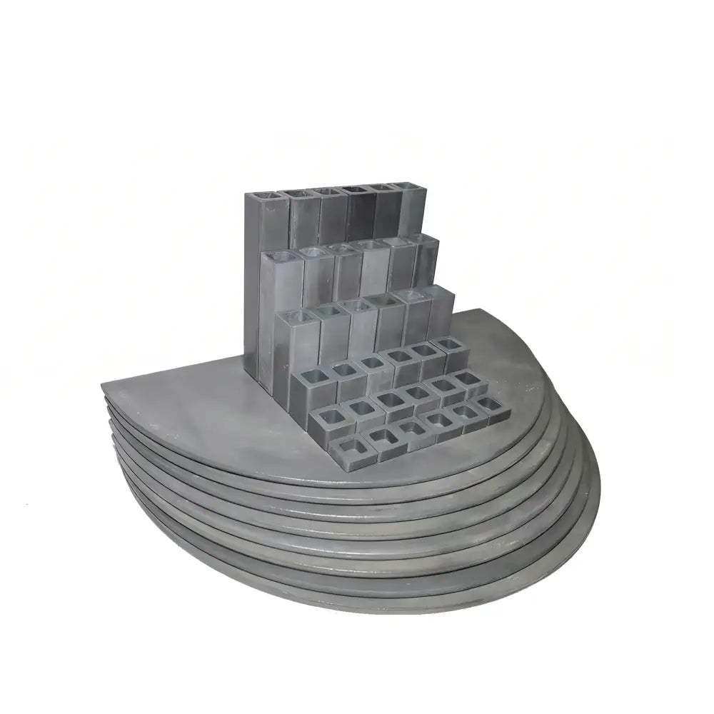 A neatly arranged 44-piece L&L e28T-3 Easy-Fire kiln furniture set, featuring kiln posts and shelves designed for efficient multi-layer stacking in ceramic and pottery kilns.