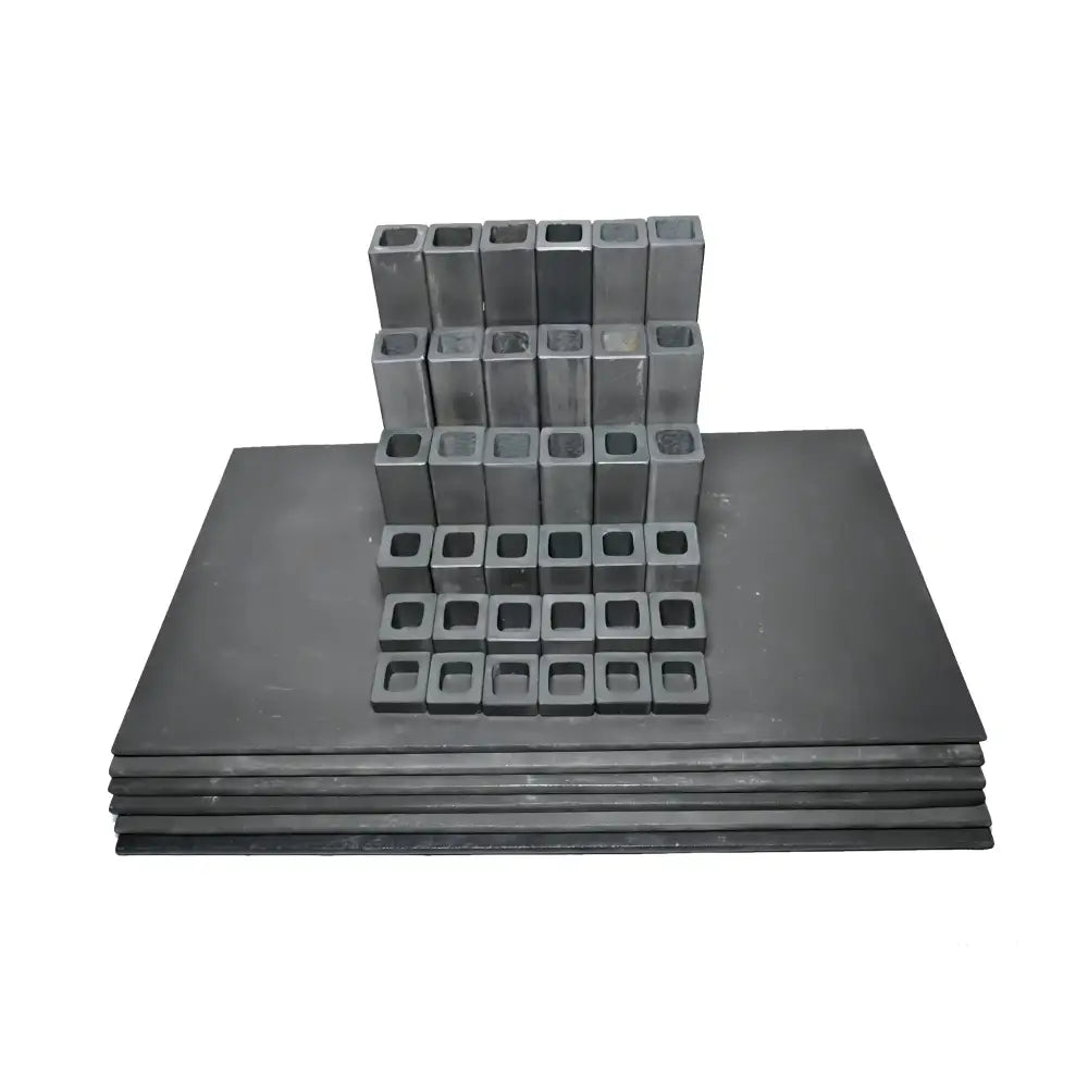 A 36-piece L&L EL2427-H Easy-Load kiln furniture set, including various sized kiln posts and shelves arranged for efficient stacking in ceramic and pottery firing kilns.
