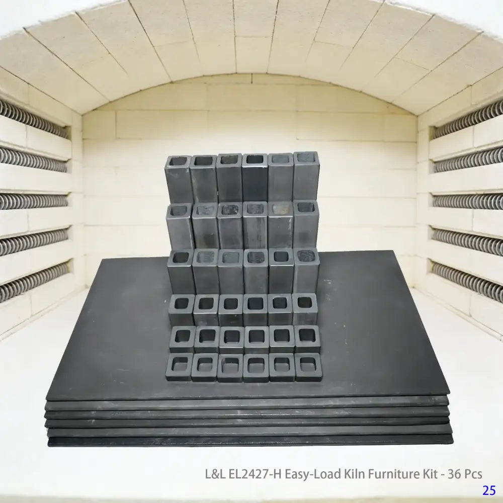A 36-piece L&L EL2427-H Easy-Load kiln furniture set, featuring posts and shelves for organized and efficient stacking in pottery and ceramic kilns.
