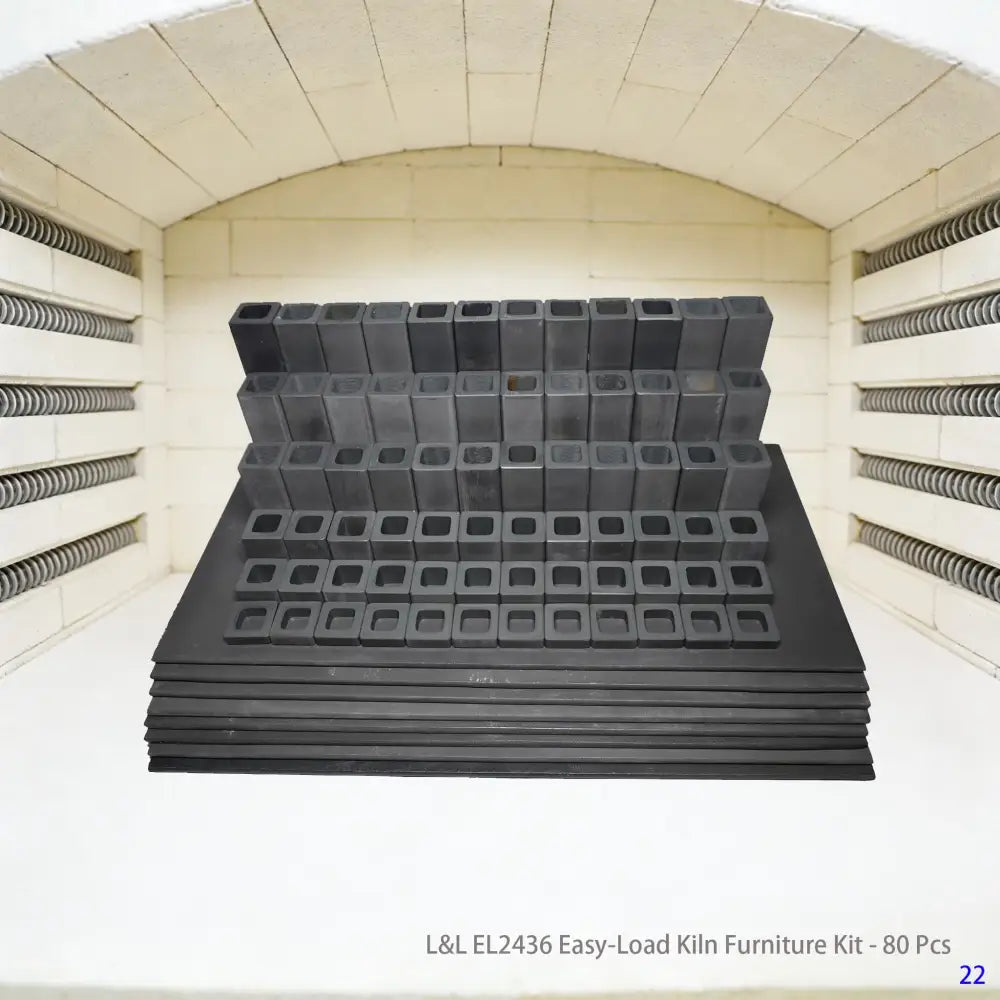 An 82-piece L&L EL2448 Easy-Load Kiln Furniture Set for pottery and ceramic kilns, designed to improve stacking efficiency and firing results.