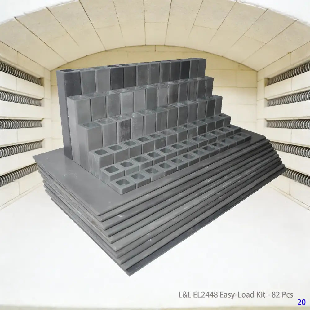 An 82-piece L&L EL2448 Easy-Load Kiln Furniture Set for pottery and ceramic kilns, designed to improve stacking efficiency and firing results.