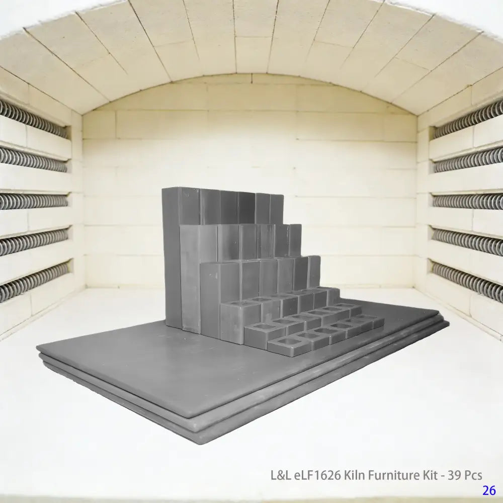 A 39-piece L&L eLF1626 kiln furniture set, showing kiln posts and shelves arranged for efficient stacking and firing in ceramic and pottery kilns.
