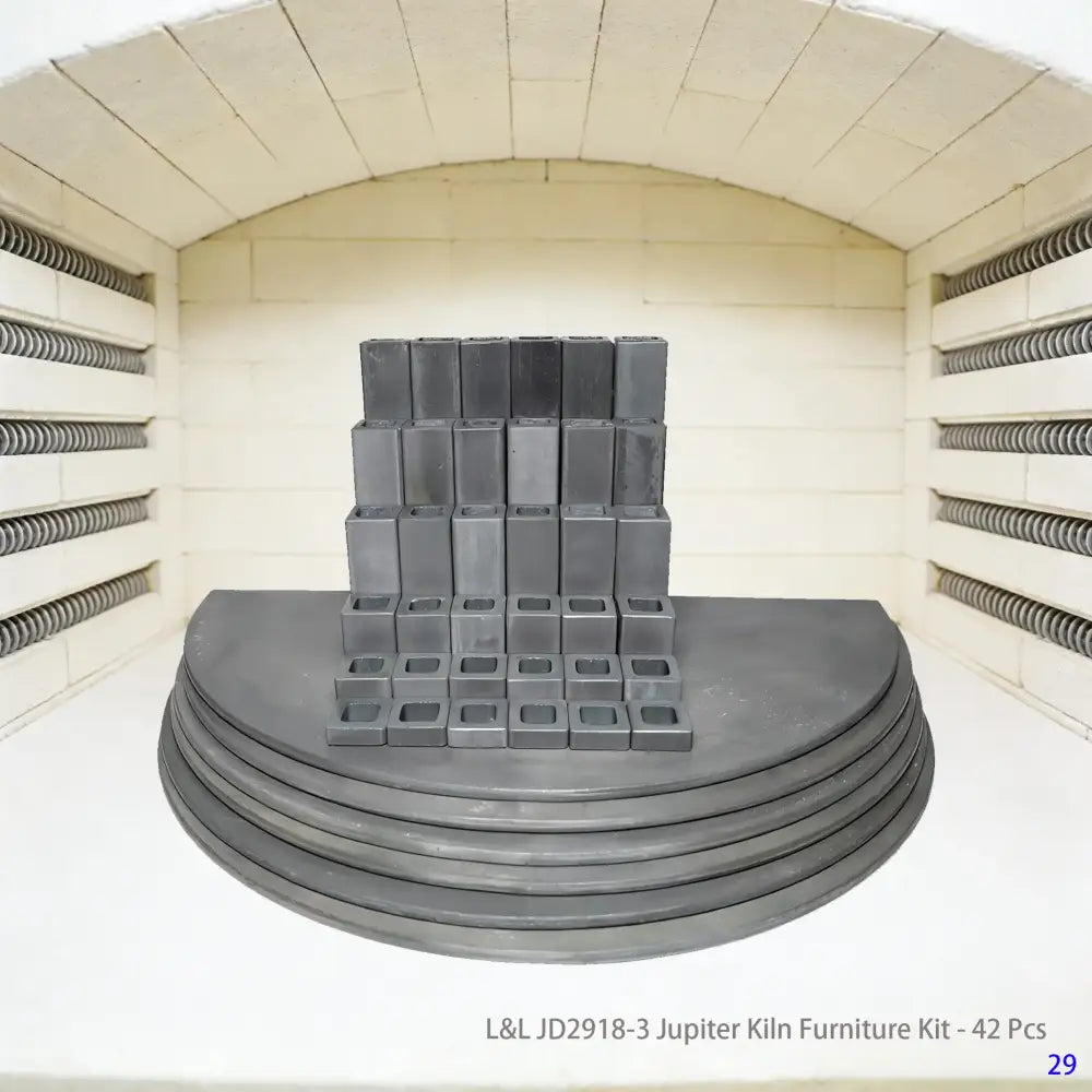 A 42-piece L&L JD2918-3 Jupiter kiln furniture set arranged neatly, featuring kiln posts and shelves for organized stacking in ceramic and pottery kilns.