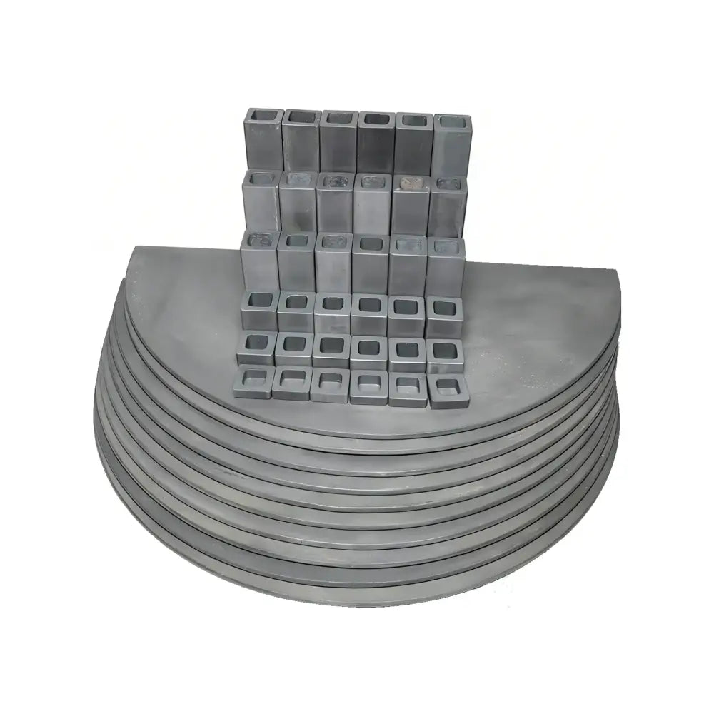 A neatly arranged 46-piece L&L JD2936-3 Jupiter kiln furniture set, featuring kiln posts and shelves designed for organized stacking in pottery and ceramic kilns.