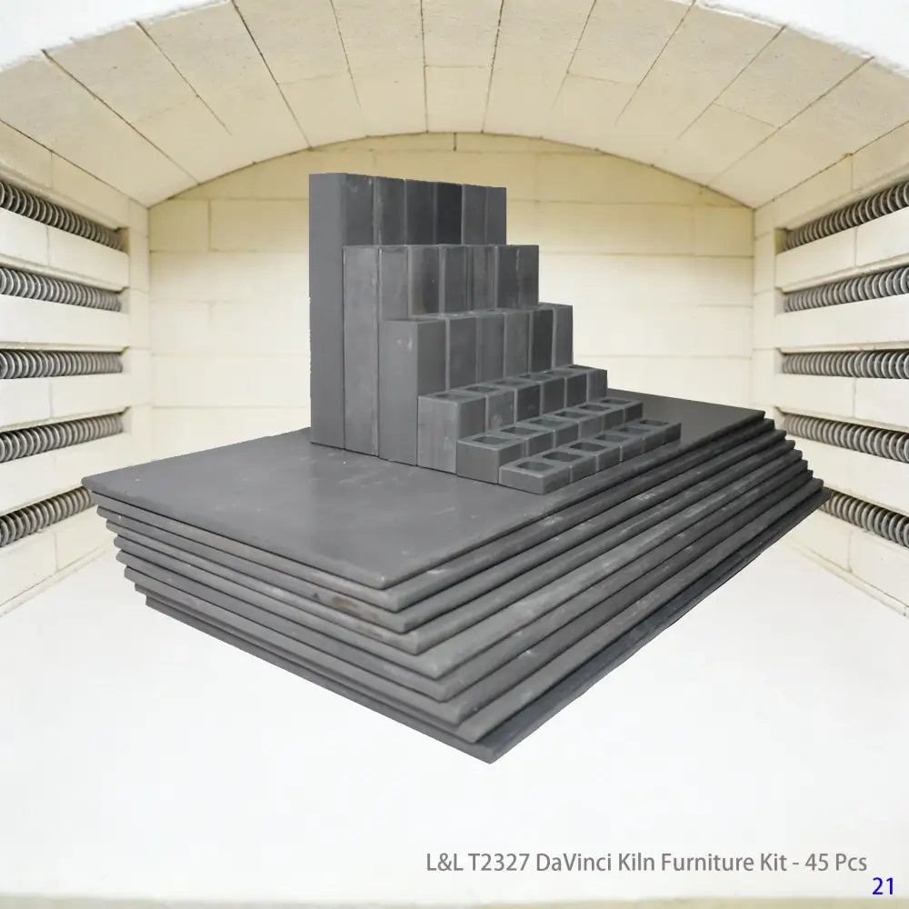 L&L T2327 DaVinci Kiln Furniture Kit (45 pieces), showing kiln posts, shelves, and accessories arranged for pottery and ceramic kiln use.