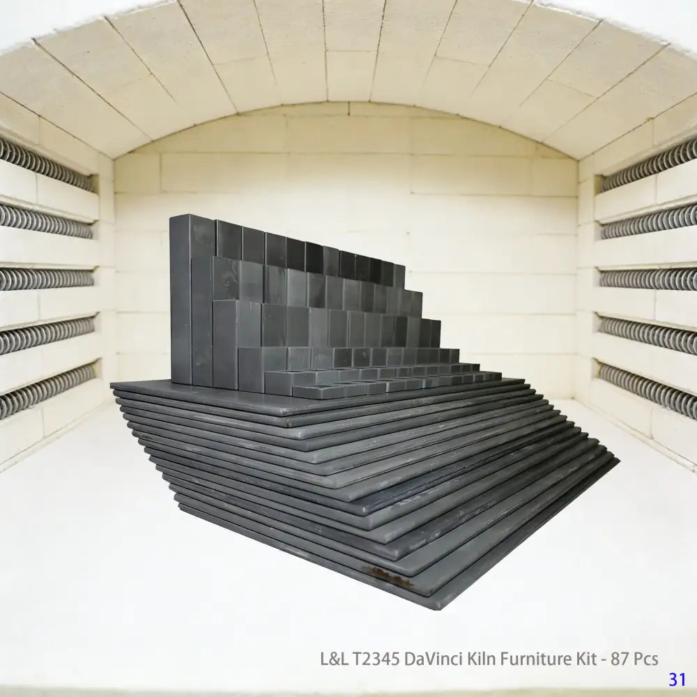 An 87-piece L&L T2345 DaVinci kiln accessory set arranged neatly, including kiln posts and shelves, designed for organized stack-firing in ceramic and pottery kilns.