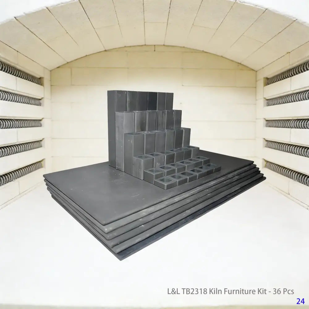 L&L Kiln Furniture Kit for TB2318 Model (36-Piece Set) with kiln posts and shelves for organized ceramic and pottery kiln stacking.