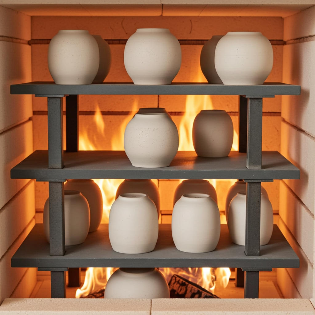 Silicon carbide plate shelf in high-temperature kiln for ceramic firing