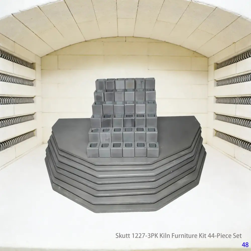 This 44-piece set is customized for the Skutt 1227-3PK model electric kiln, offering a comprehensive refractory support and tiered system. It facilitates the multi-layer arrangement and stable firing of ceramic artworks, adapts to various processes including glaze sintering and bisque firing, and optimizes thermal distribution within the kiln and the final quality of the fired pieces.