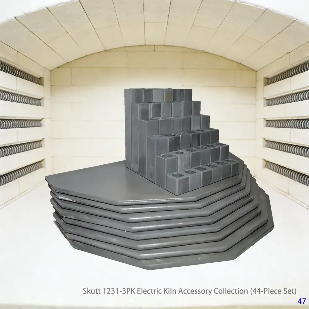 This 44-piece set is custom-designed for the Skutt 1231-3PK electric kiln, integrating a complete refractory shelving and support component system. It enables efficient multi-layer firing for ceramics and pottery works, suitable for processes such as glaze sintering and bisque firing, and systematically optimizes thermal flow and space utilization within the kiln.
