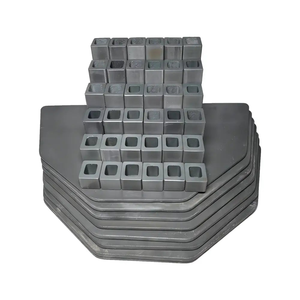  A complete 44-piece set of high-temperature kiln furniture designed for Skutt KM1027-3 electric kilns. Includes various thicknesses of square and round refractory shelves, assorted-height alumina posts, and triangular stilts, ideal for professional pottery studio ceramic firing.