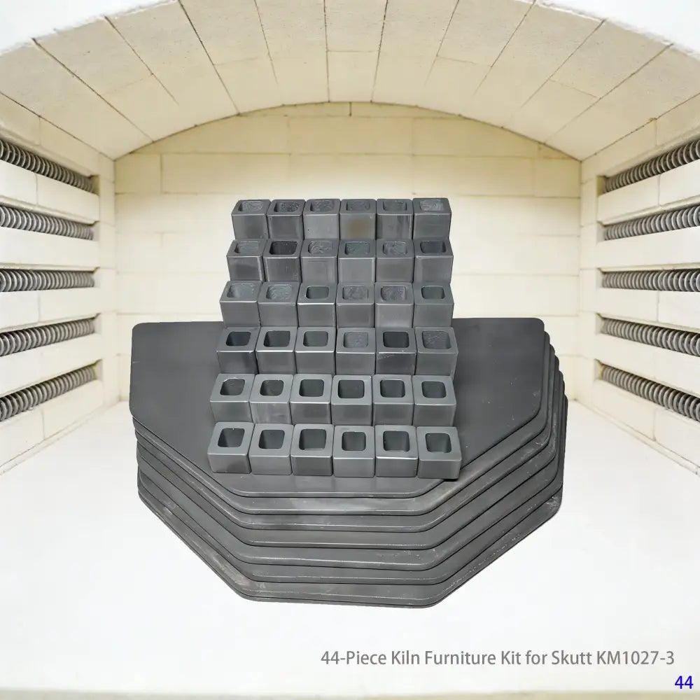  A 44-piece kiln furniture kit specifically designed for Skutt KM1027-3 kilns. The set includes various sizes of high-temperature refractory shelves, robust posts, and supports, neatly arranged to meet the demands of large-scale or professional ceramic firing.
