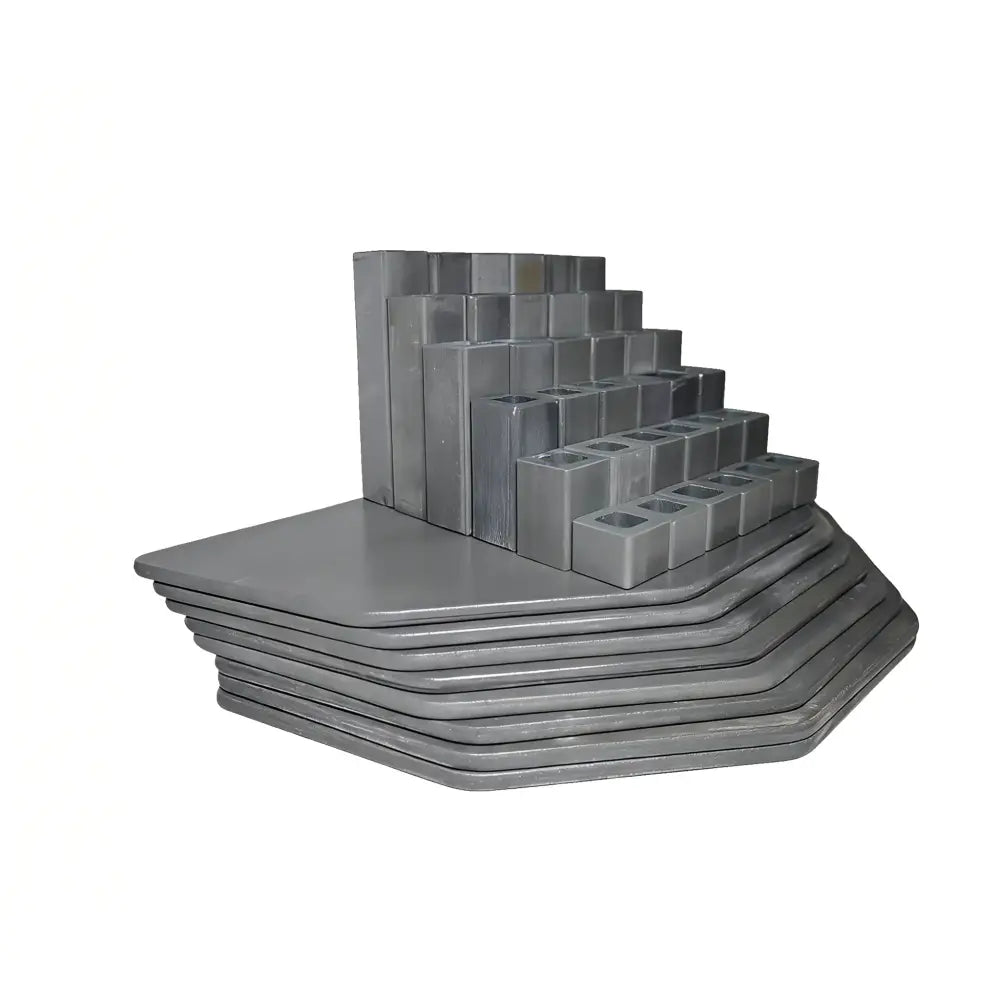 A 44-piece high-temperature refractory kiln furniture set designed for Skutt KS1027 electric kilns. Includes various sizes of square and round kiln shelves, sturdy posts of different heights, and support stilts, neatly arranged for professional firing needs in pottery studios.