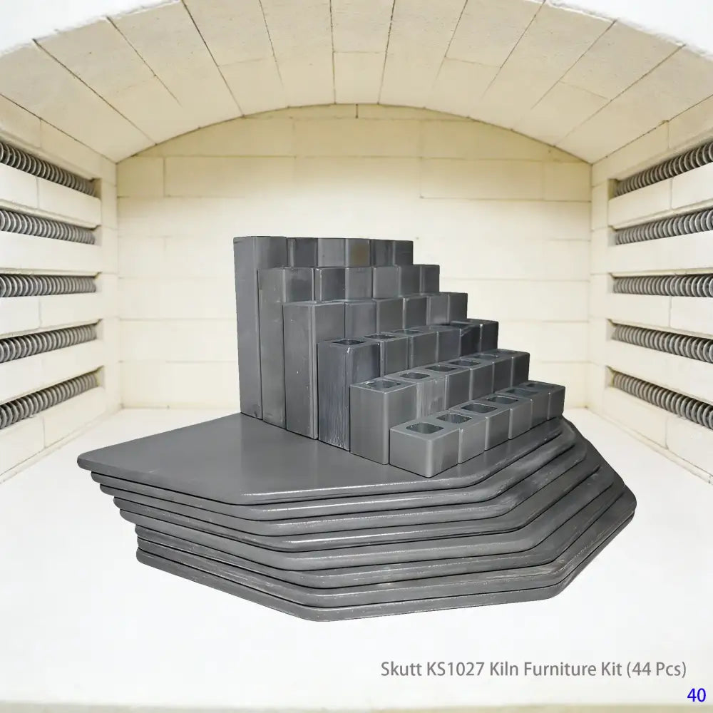  A complete 44-piece kiln furniture set designed for Skutt KS1027 electric kilns, featuring various sizes of high-temperature refractory shelves, alumina posts, and supports, suitable for professional pottery and ceramic firing operations.
